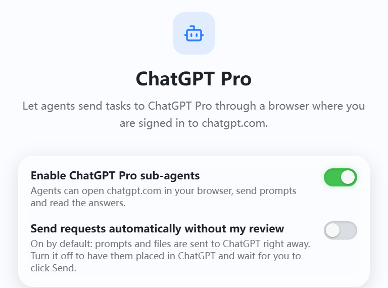 Current state of the test environment: auto-send is off, and the page indicates that the user needs to go to ChatGPT and click Send. There is no online browser with the extension shown in the image, so this cannot be taken as proof that it is connected.