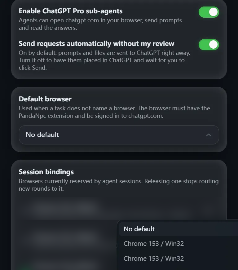 Default browser dropdown showing the available options; it is only expanded for viewing, and no new default browser was selected or saved. The history conversation area has been redacted for privacy.