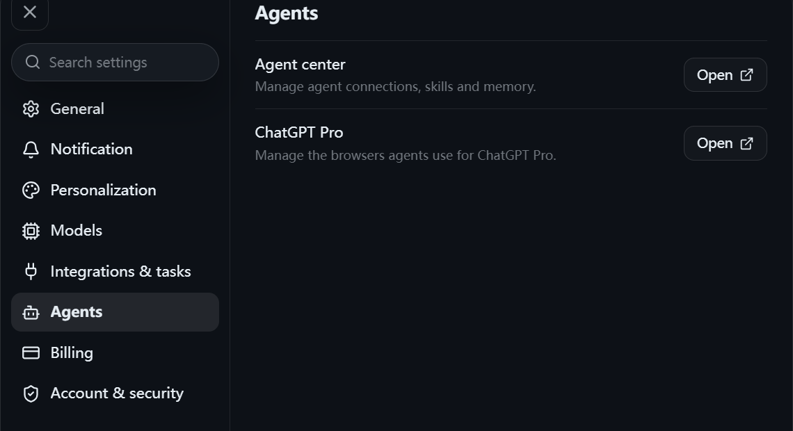 Step 1: Open Settings → Agents → ChatGPT Pro in PandaNpc. Real English product interface, with irrelevant areas cropped.