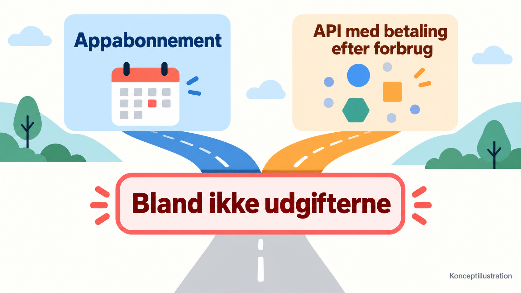 Konceptuel illustration: app-abonnement og API-forbrugsbaseret fakturering er to forskellige måder at opgøre på