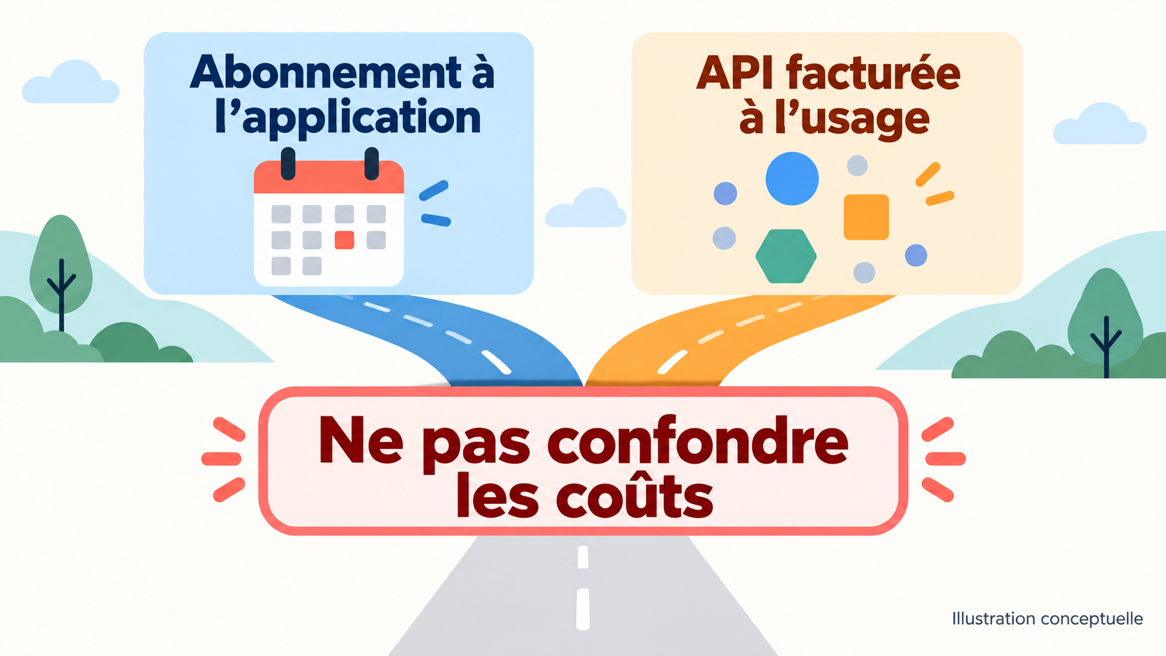 Schéma conceptuel : l’abonnement à une application et la facturation à l’usage de l’API sont deux logiques différentes