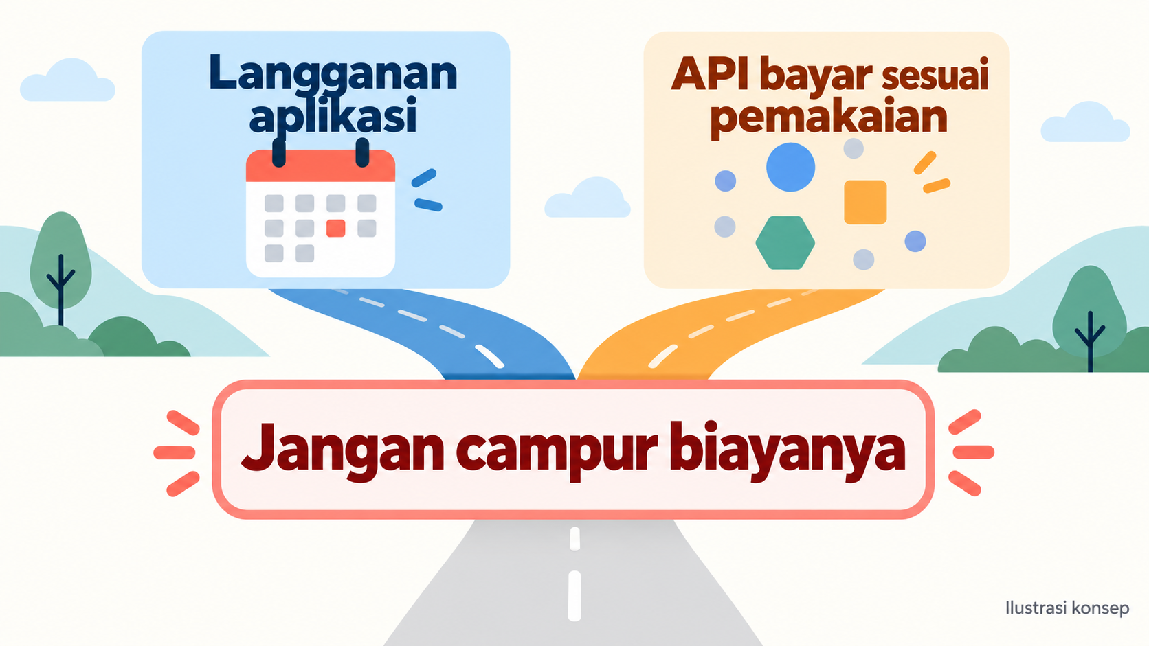 Diagram konseptual: langganan aplikasi dan penagihan berbasis penggunaan API adalah dua ukuran yang berbeda