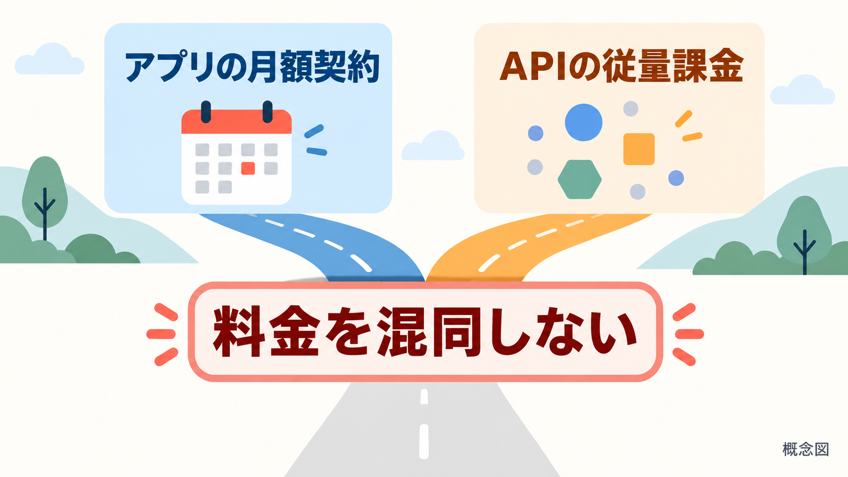 概念図:アプリのサブスクリプションと API の従量課金は異なる2つの口径