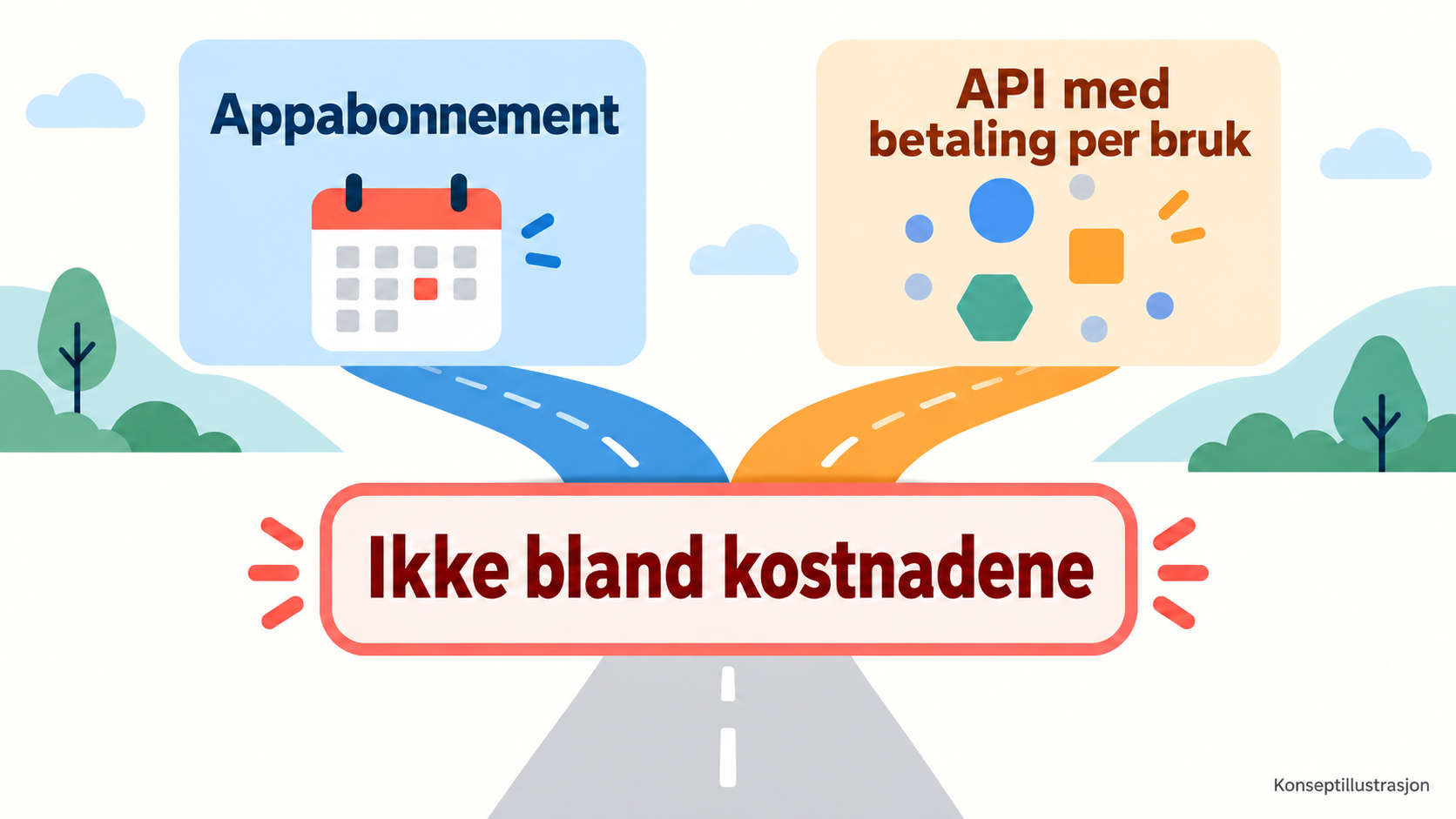 Konseptskisse: appabonnement og API-forbruksbasert fakturering er to forskjellige måter å regne på