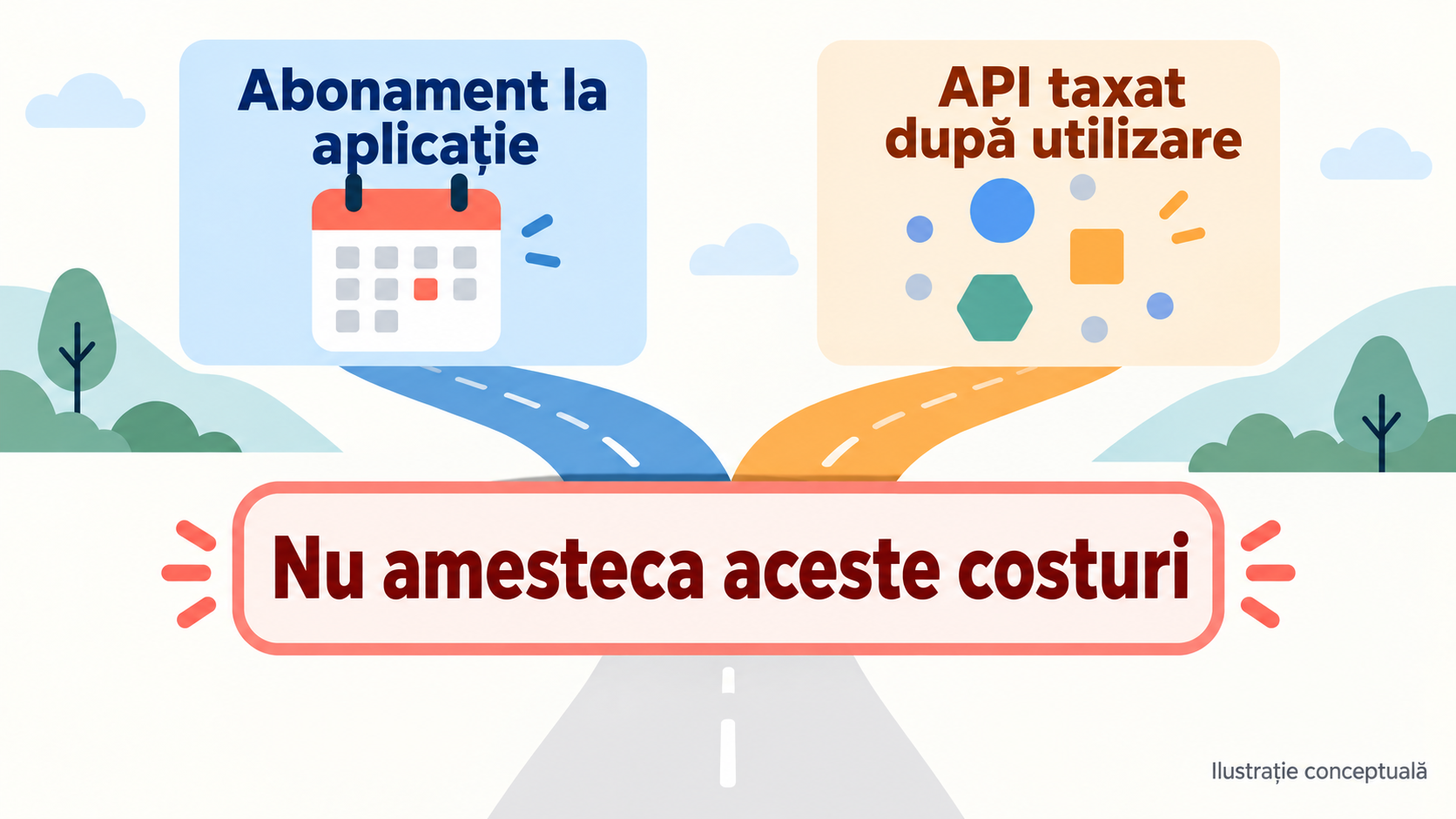 Schemă conceptuală: abonamentul la aplicație și facturarea API pe consum sunt două moduri diferite de calcul