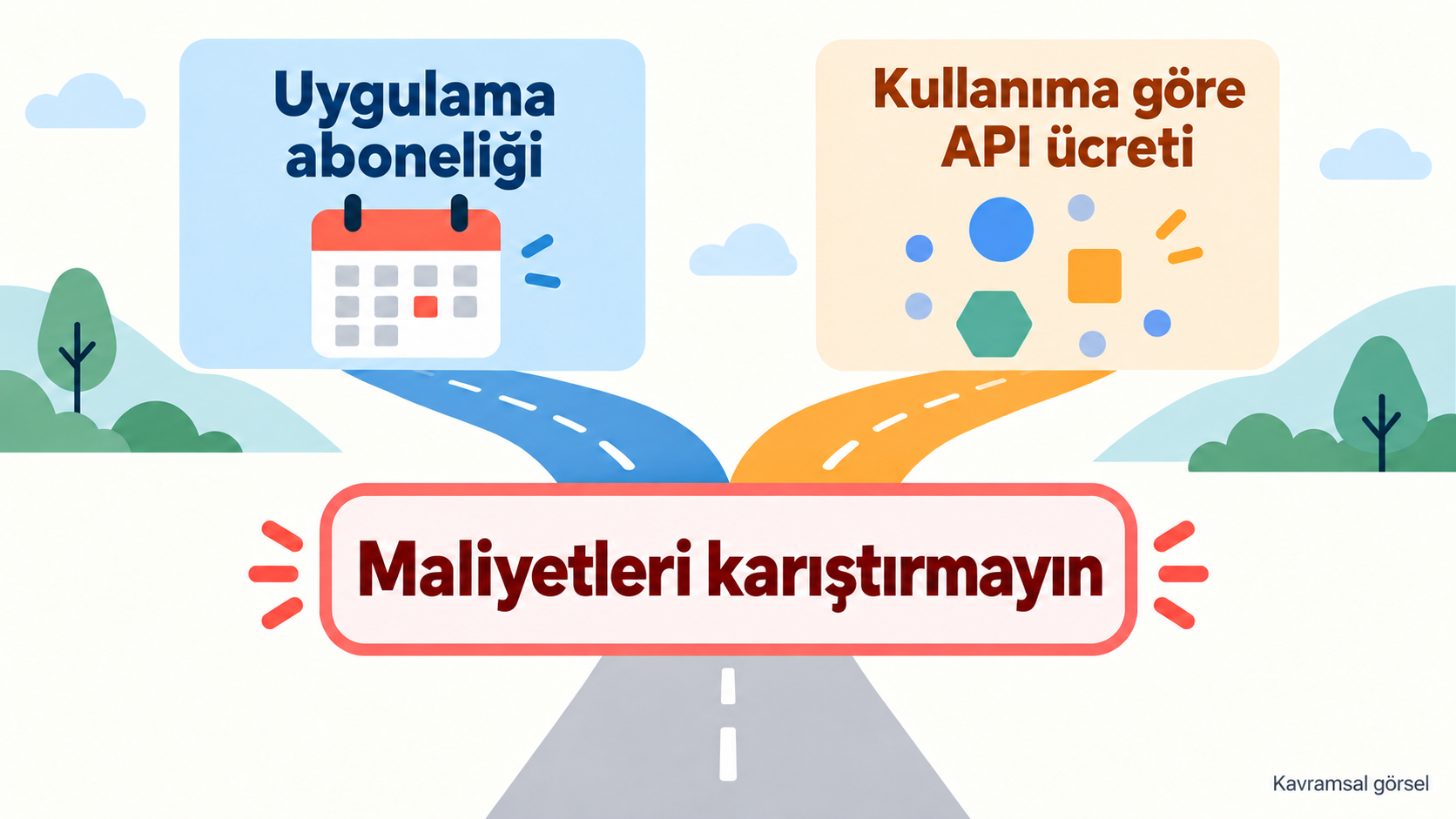 Kavramsal gösterim: uygulama aboneliği ve API kullanım başına faturalandırma iki farklı ölçüdür