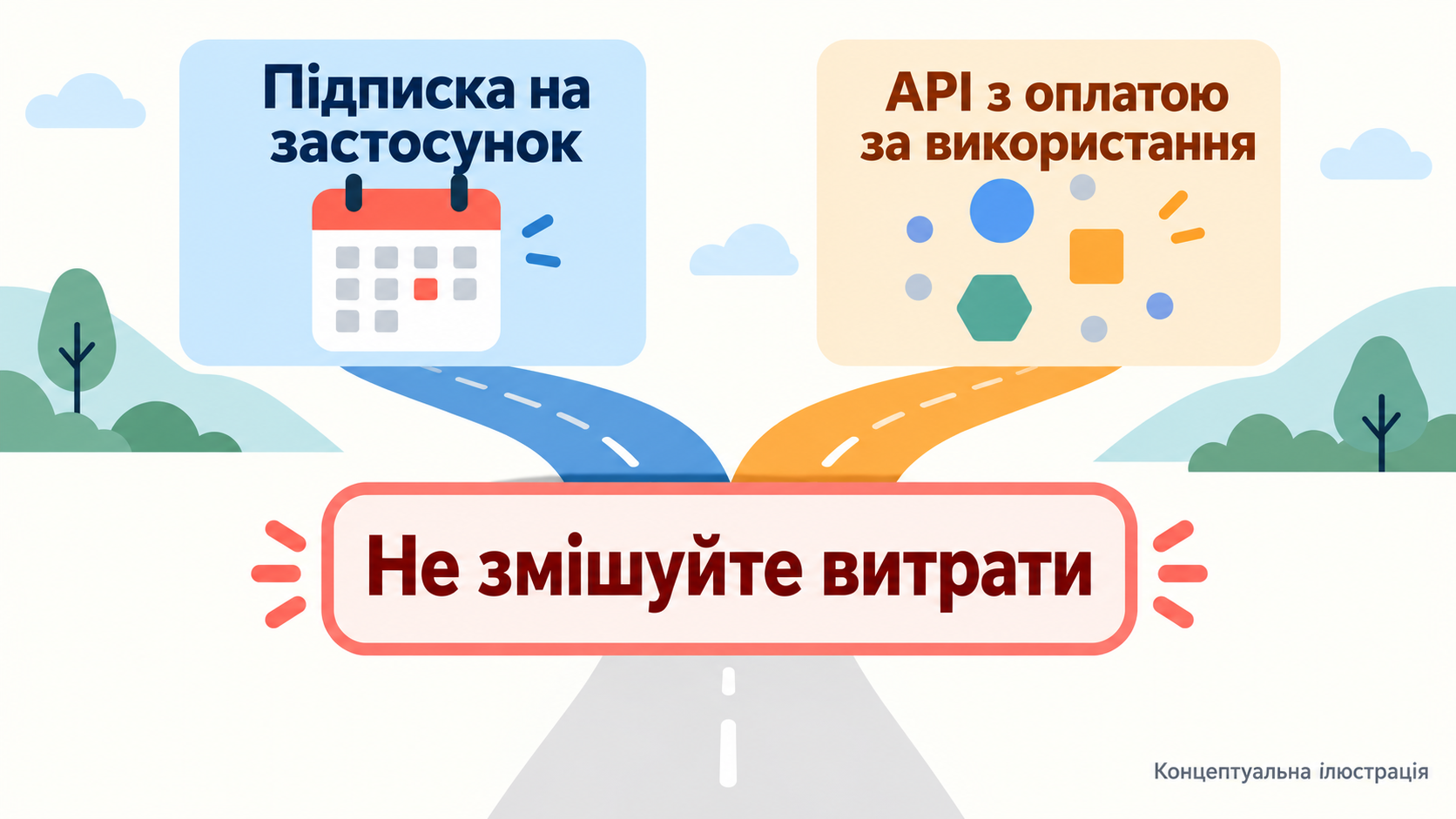 Концептуальна схема: підписка на застосунок і оплата API за обсягом — це два різні підходи до білінгу