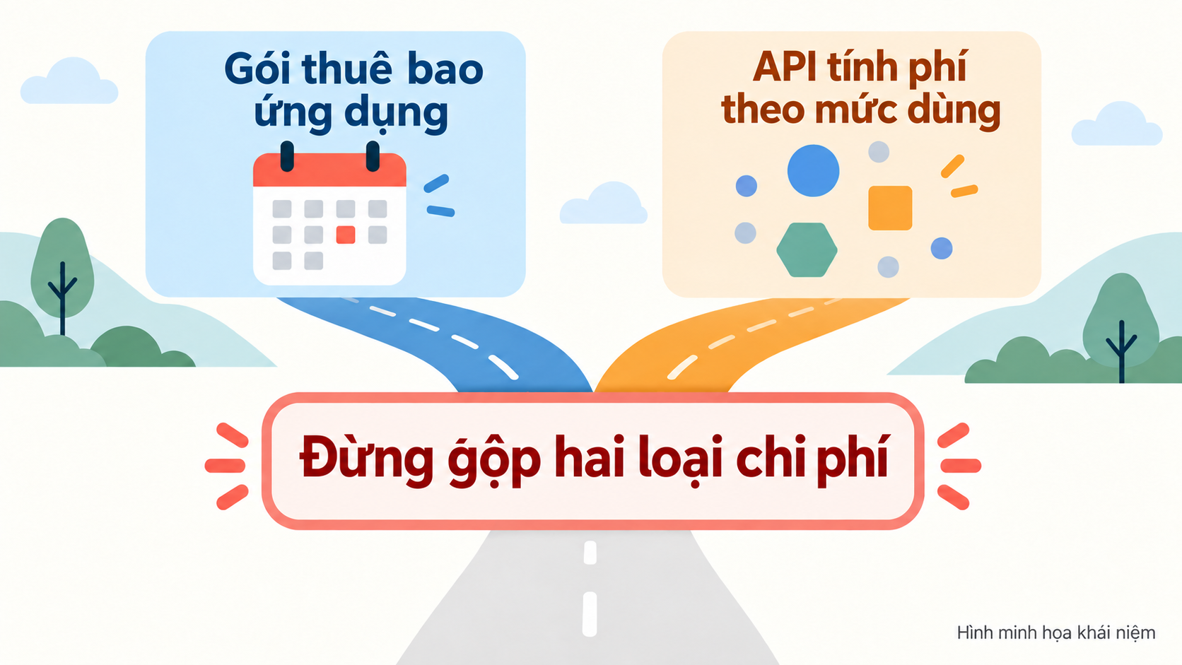 Sơ đồ minh họa khái niệm: đăng ký ứng dụng và API tính phí theo lượng là hai cách tính khác nhau