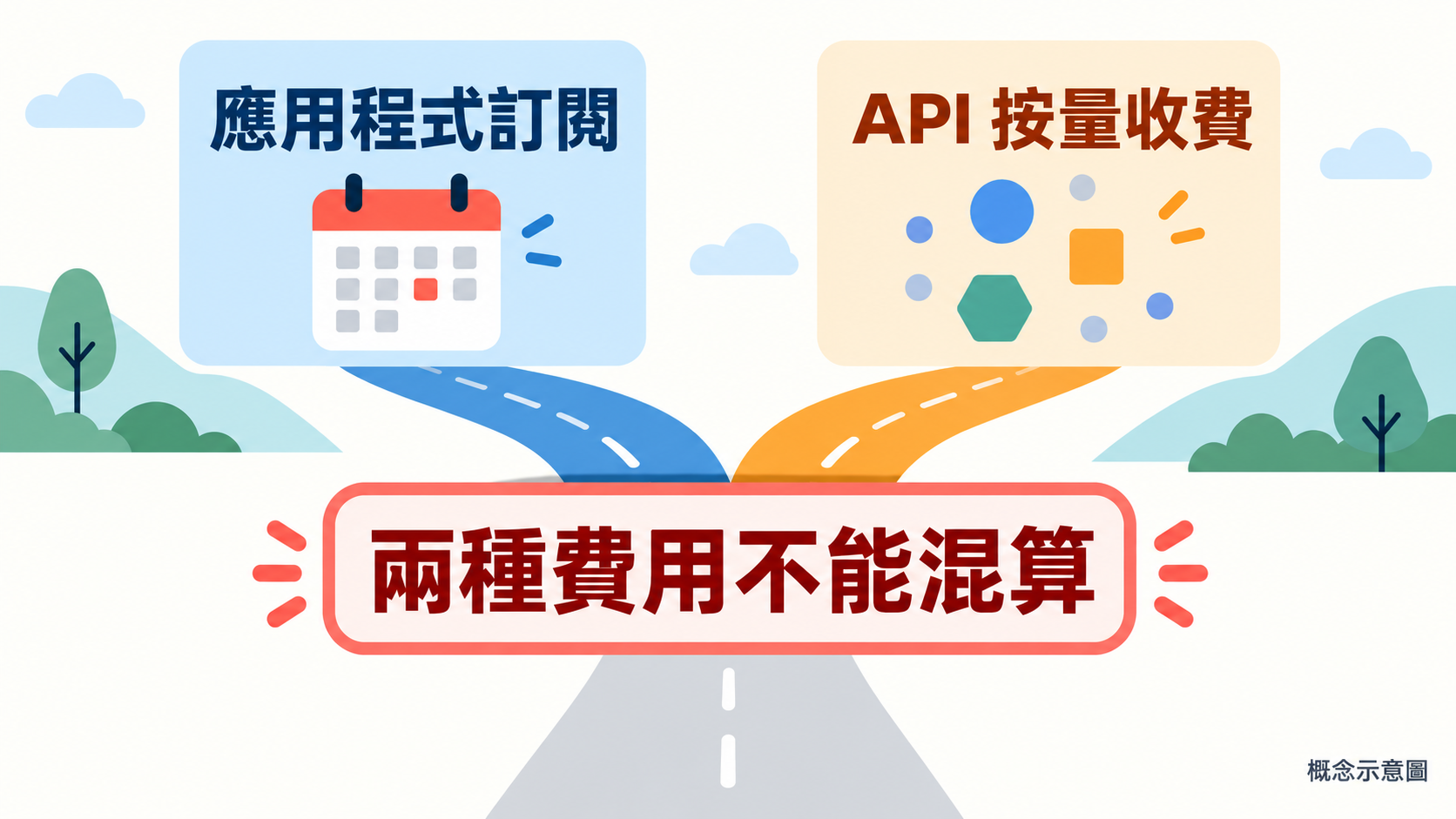 概念示意圖：應用訂閱和 API 按量計費是兩種不同口徑