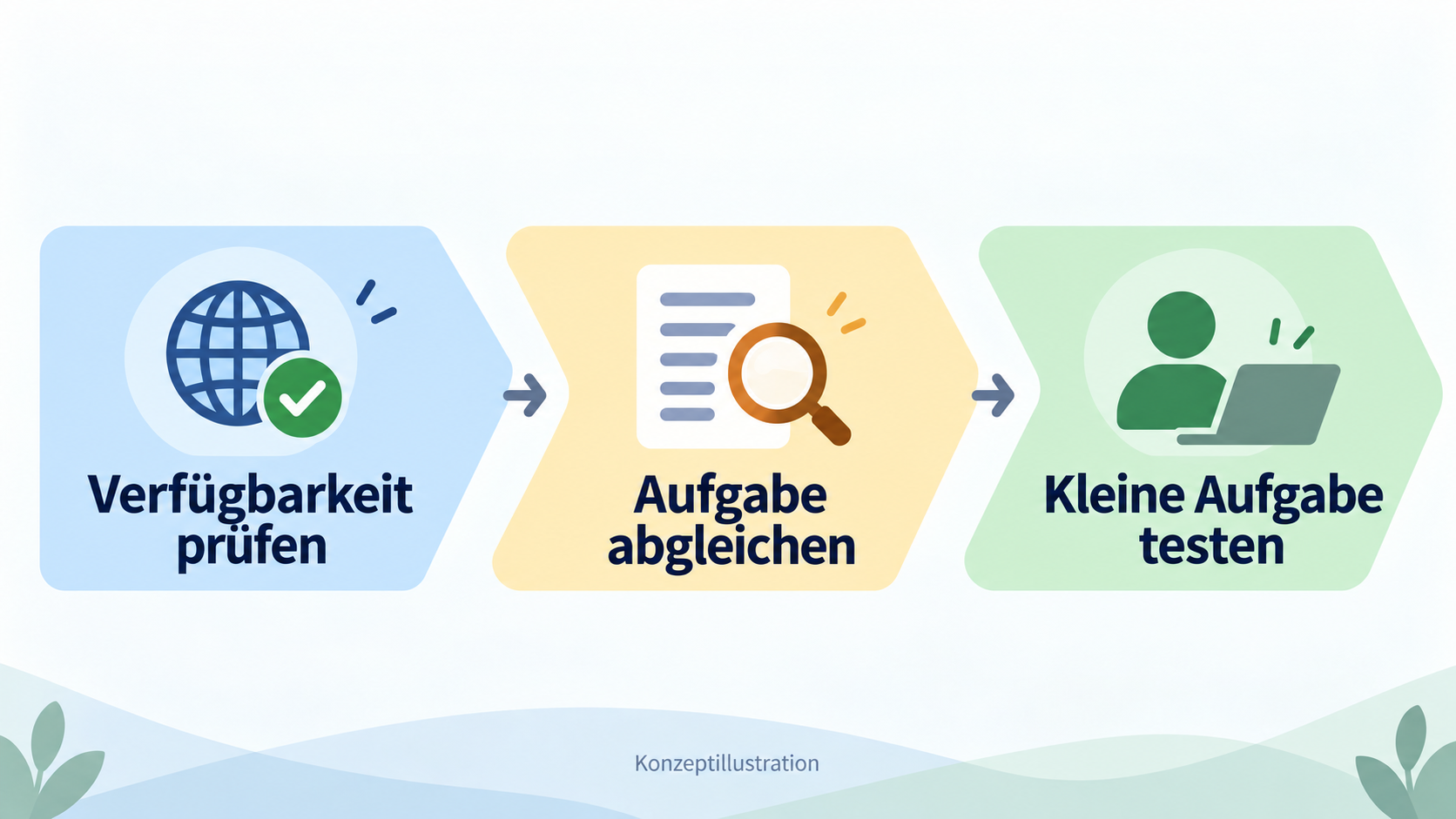 Konzeptskizze: zuerst Verfügbarkeit prüfen, dann Aufgabe zuordnen, schließlich in kleinem Umfang testen