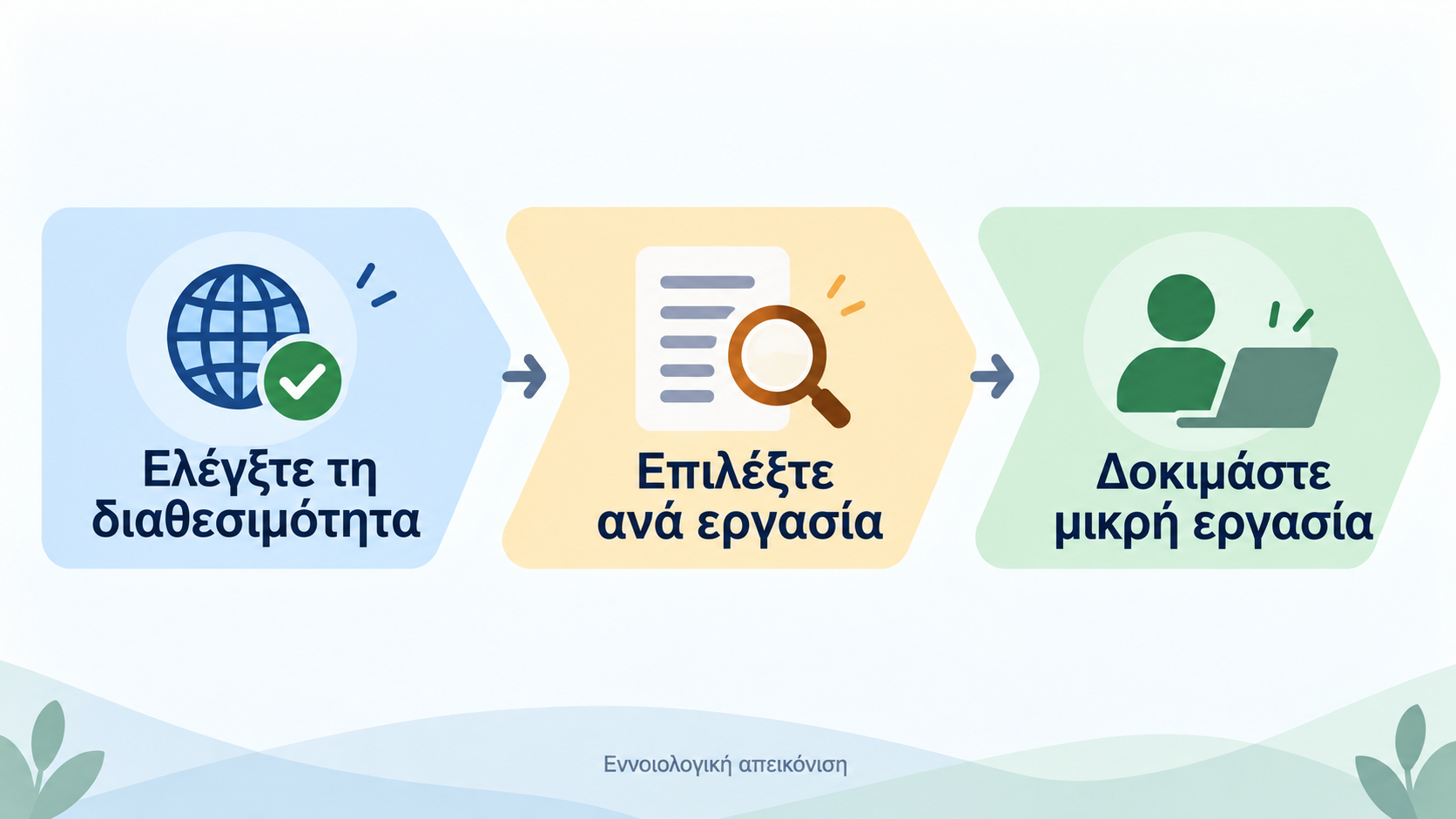 Εννοιολογικό διάγραμμα: πρώτα επιβεβαιώστε τη διαθεσιμότητα, μετά αντιστοιχίστε την εργασία και τέλος δοκιμάστε σε μικρή κλίμακα