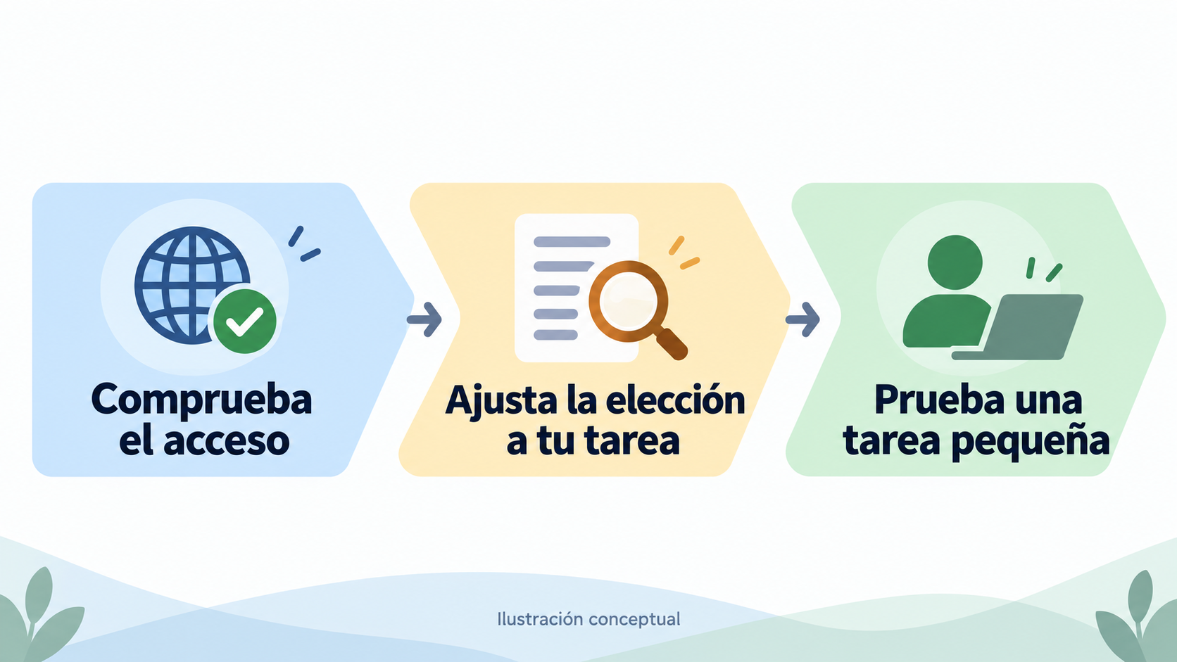 Concepto esquemático: primero confirma que puedes usarlo, luego ajústalo a la tarea y por último pruébalo en pequeña escala