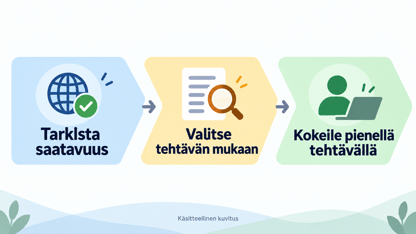 Käsitteellinen kaavio: varmista ensin käytettävyys, sovita sitten tehtävään ja kokeile lopuksi pienessä mittakaavassa