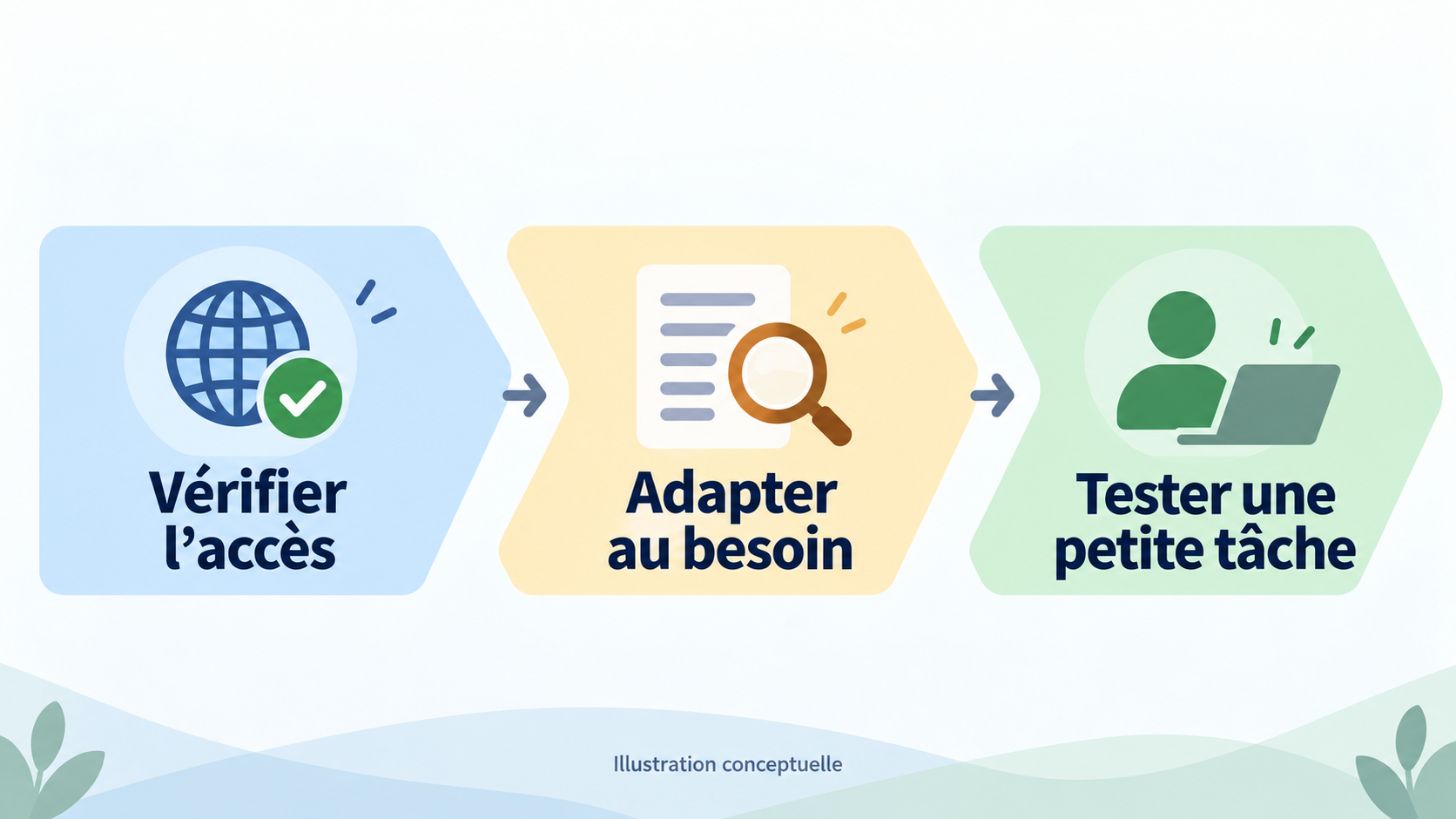 Schéma conceptuel : vérifiez d’abord la disponibilité, puis faites correspondre la tâche, et enfin testez à petite échelle