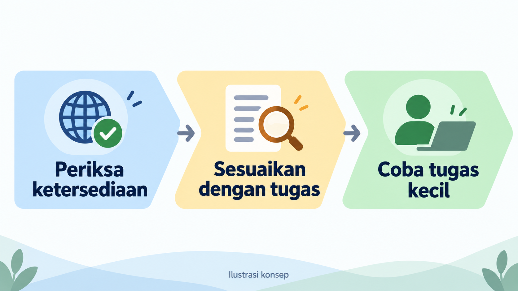 Diagram konseptual: pastikan dulu bisa digunakan, lalu cocokkan tugas, terakhir uji coba dalam skala kecil