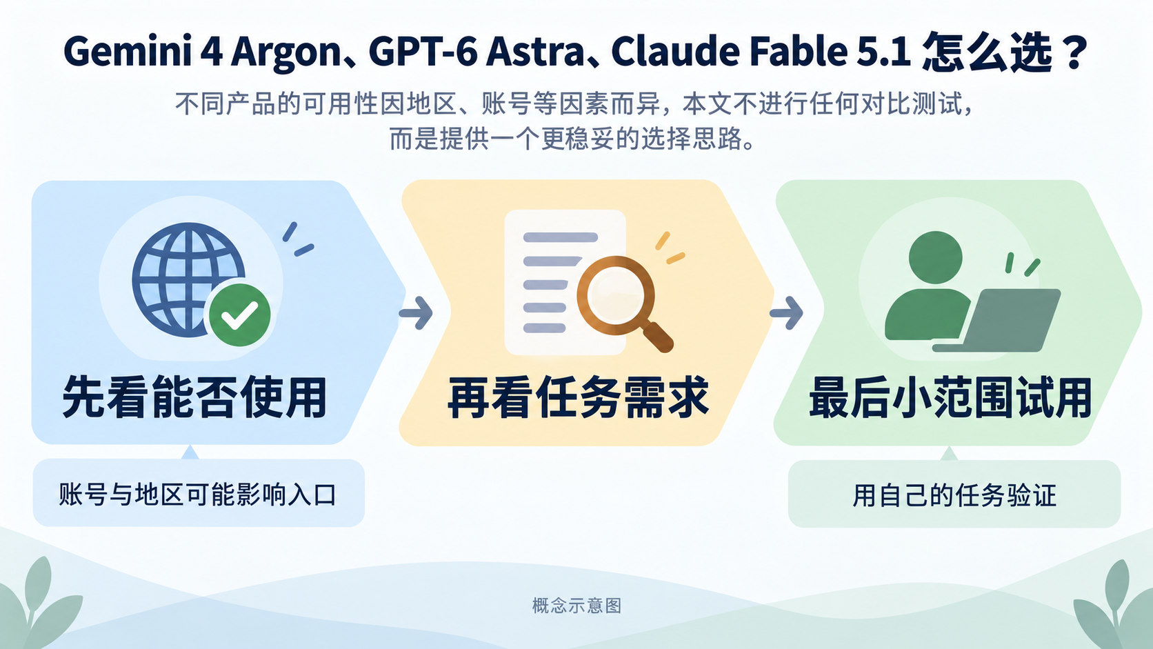 概念示意图:先确认能用,再匹配任务,最后小范围试用