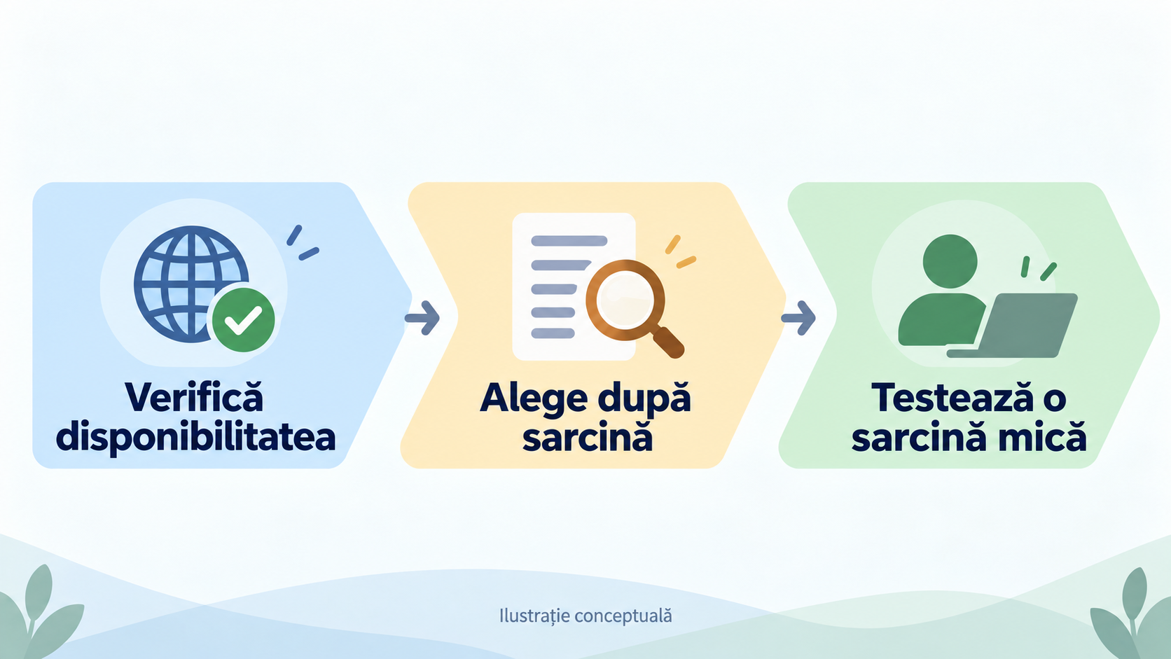 Schemă conceptuală: mai întâi confirmă că poți folosi, apoi potrivește sarcina, în final testează la scară mică