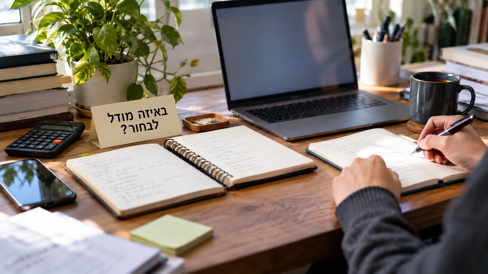 תמונת שער קונספטואלית: כרטיס שאלה על שולחן שואל איזה מבין שלושת המודלים לבחור; זה לא ממשק מוצר.