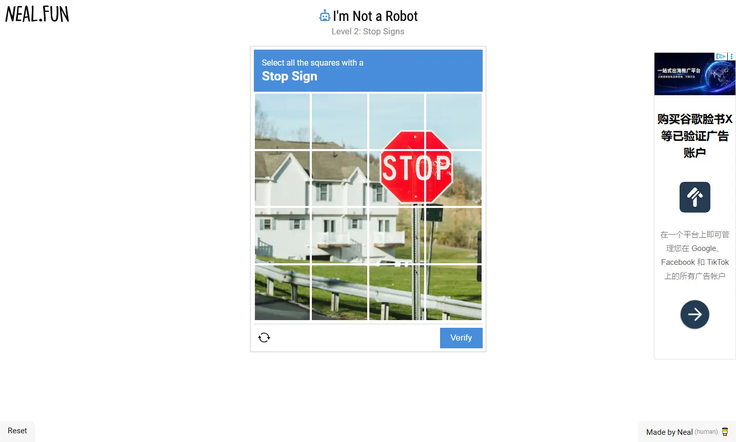 Screenshot before the level 2 action: the model selected the squares containing the stop sign based on the image. Level 2 Stop Signs, with the stop sign spanning the 4 squares at the top right of the grid