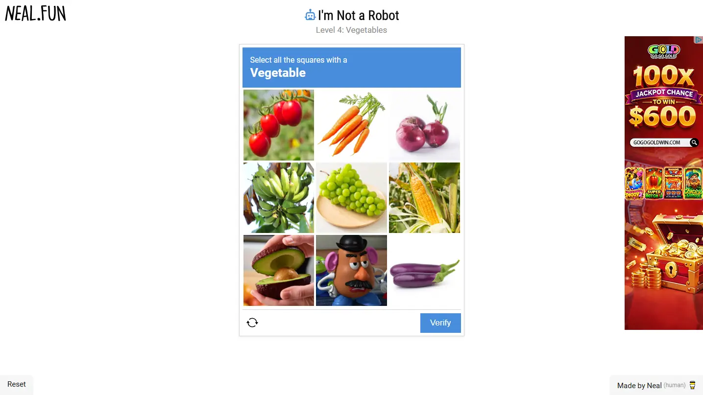 Screenshot before the level 4 action: the page asks the user to select vegetables; this screen also proves level 3 was already passed. The 3x3 grid image-selection question in level 4, Vegetables