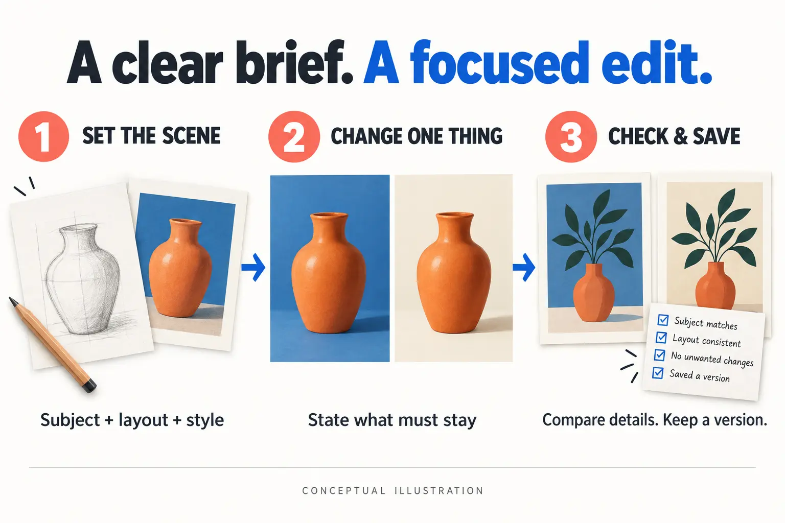 Creative workflow illustration: first make the scene clear, then adjust item by item and check results; this is not a ChatGPT interface screenshot. Flow of a reference image or sketch through generation, local edits, and checking before delivery