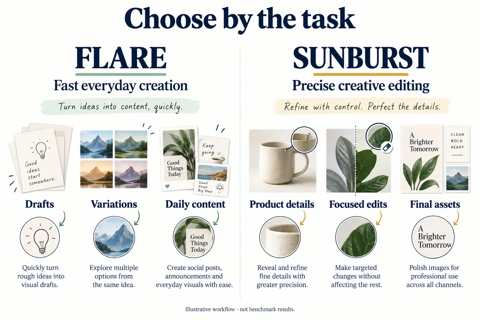 Model-selection illustration: choose a model based on task needs; this image is not an effect comparison or performance test of the two models. Illustration of Flare and Sunburst matching fast creation and refined editing scenarios