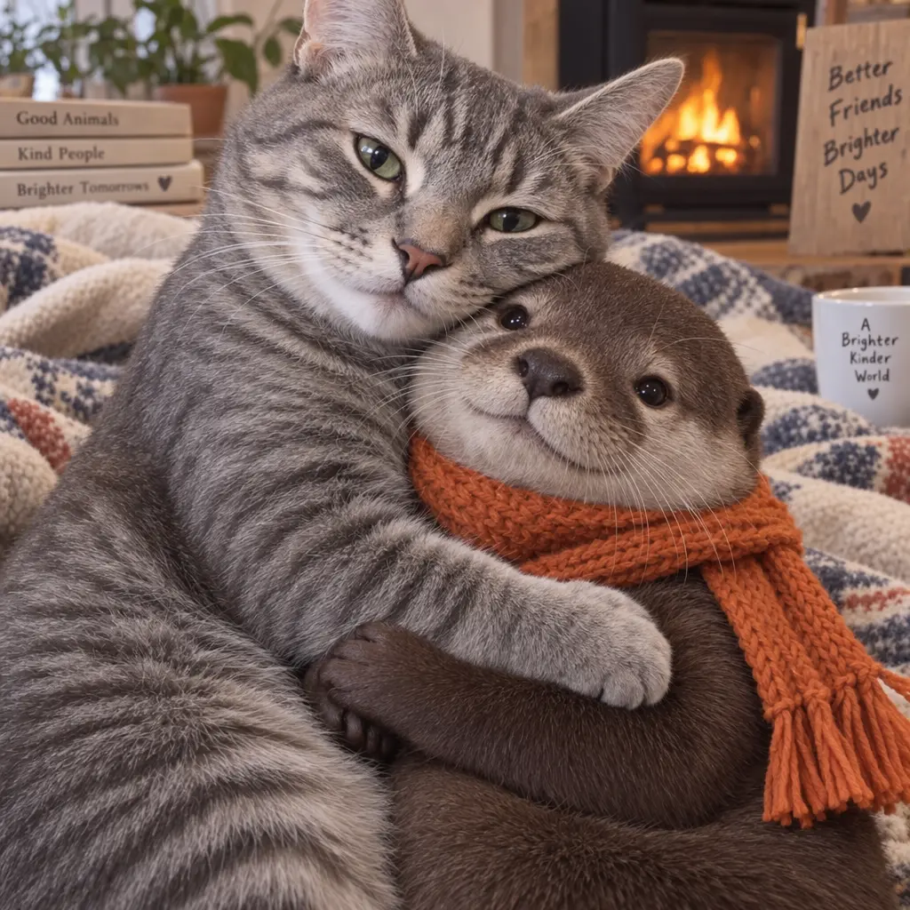 Gray tabby cat holding an otter wearing an orange scarf