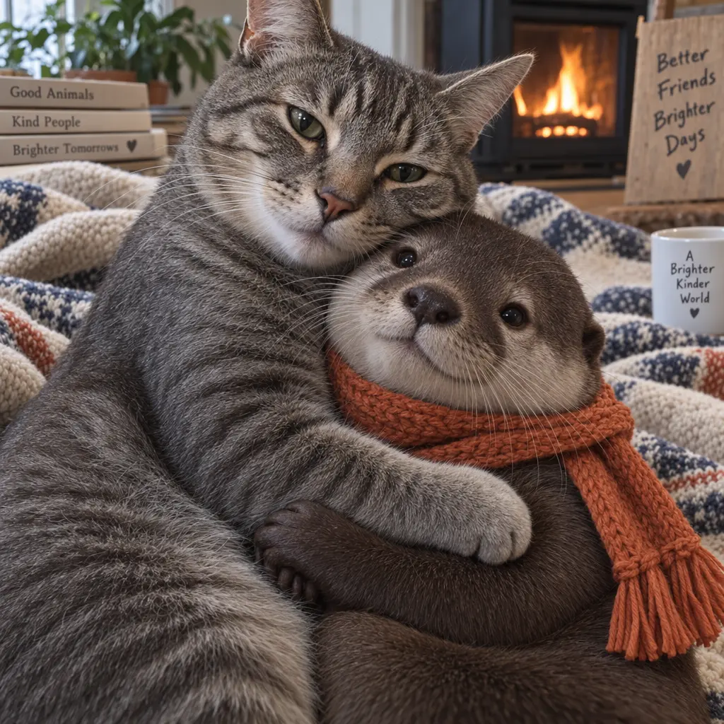Cat and otter after being asked to look more realistic