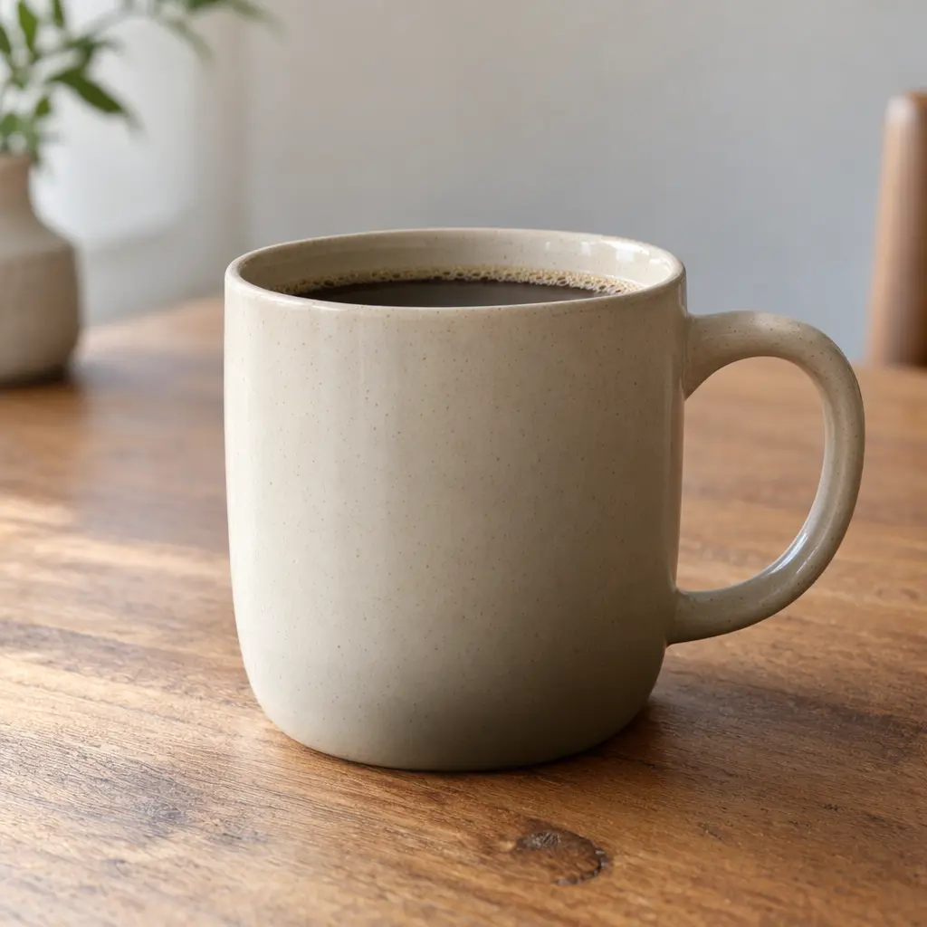 Official text-to-image example: ceramic mug material, lighting, and background composition. A beige ceramic coffee mug on a wooden table