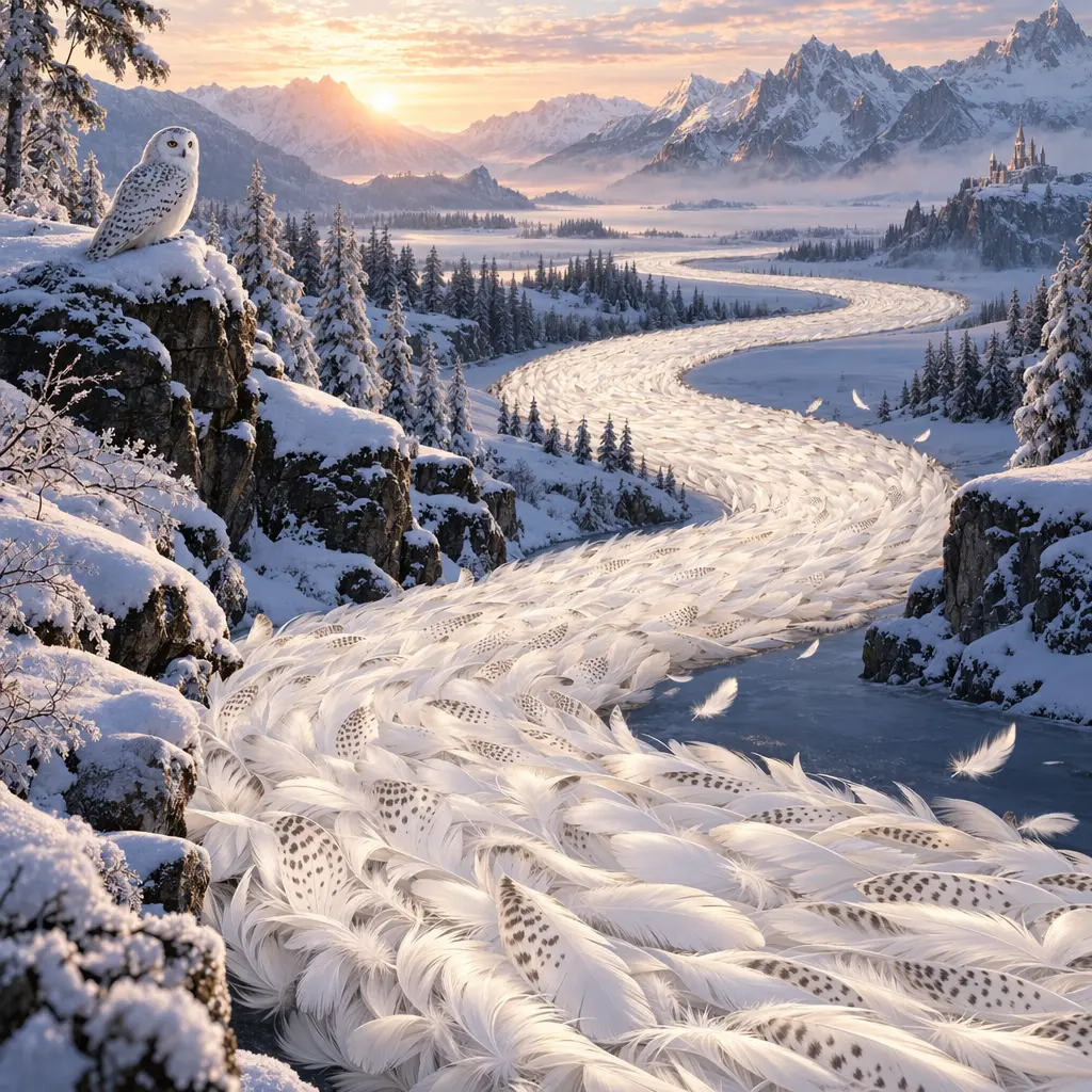 Completed white feather river and snowy mountain