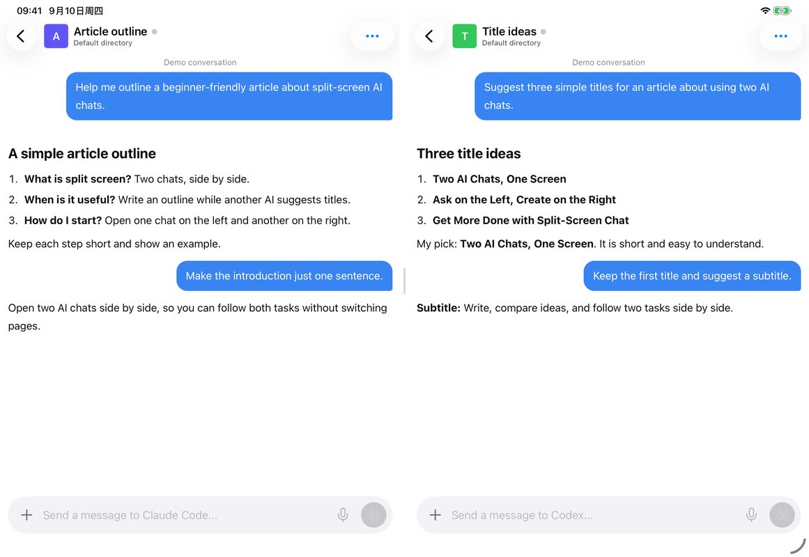 لقطة شاشة تجريبية من محاكي iPad: على اليسار وضع مخطط، وعلى اليمين التفكير في العناوين. المحادثات بيانات تجريبية لعرض التخطيط. iPad في الوضع الأفقي يعرض جنبًا إلى جنب محادثتين مخطط المقال واقتراحات العناوين