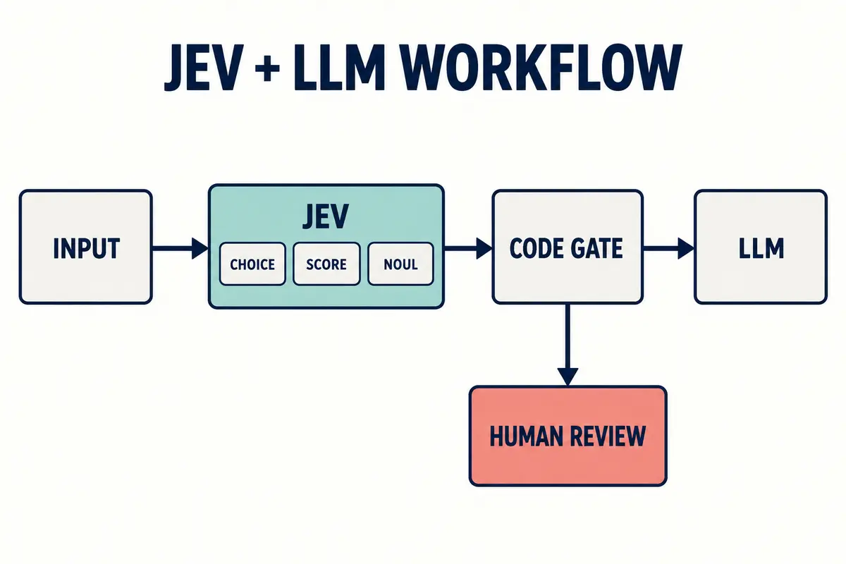 Original diagram: a request goes through Jev to produce closed answers, and code decides the next step according to this system's thresholds; the arrows only indicate one possible architecture, not a product interface or measured results. Original flow diagram from input to Jev's three question types, code thresholds, and LLM or human review