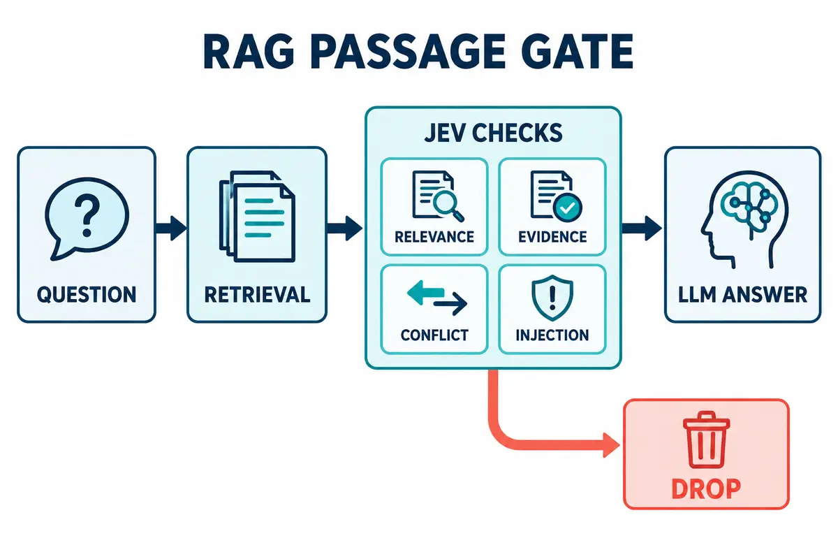 Original diagram: four narrow judgments jointly decide whether a passage stays or goes; actual thresholds need to be validated with your own corpus. Original RAG flow diagram: retrieved passages pass through Jev checks for relevance, evidence, conflict, and injection before entering the LLM answer