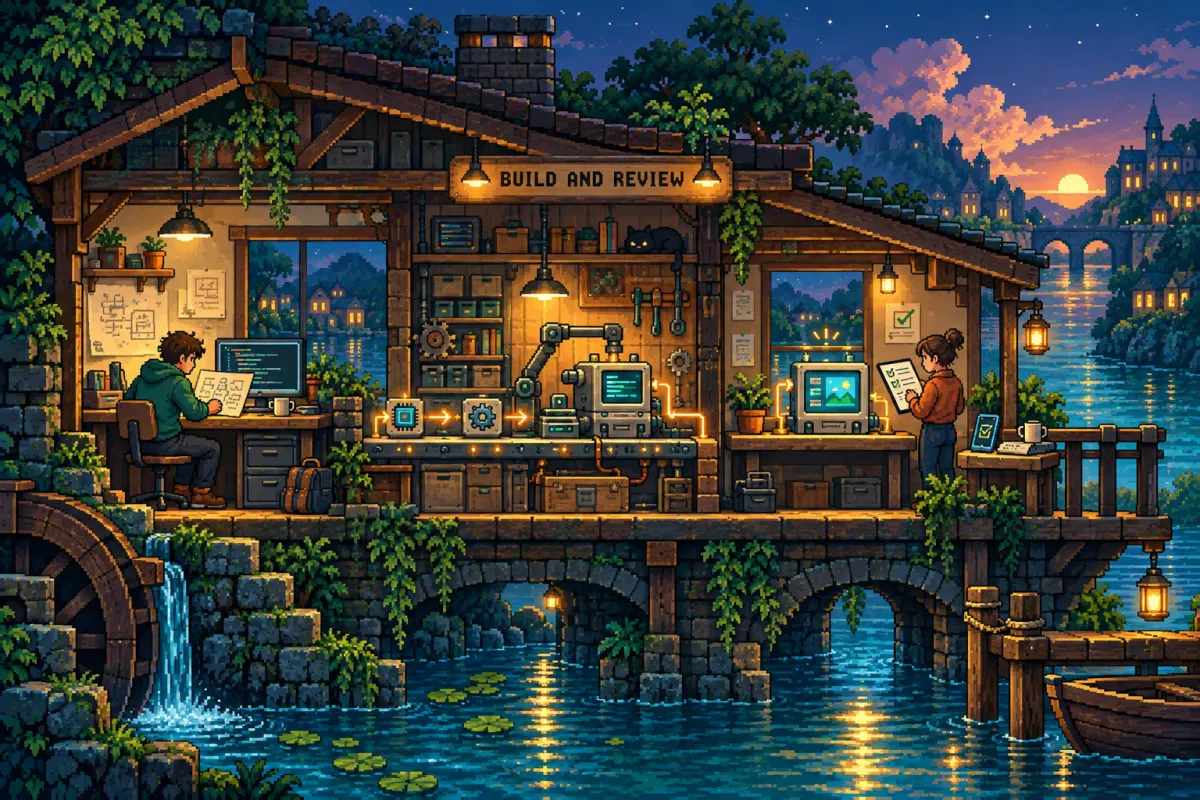 Landscape pixel-art studio scene illustration from project blueprint to build and review.
