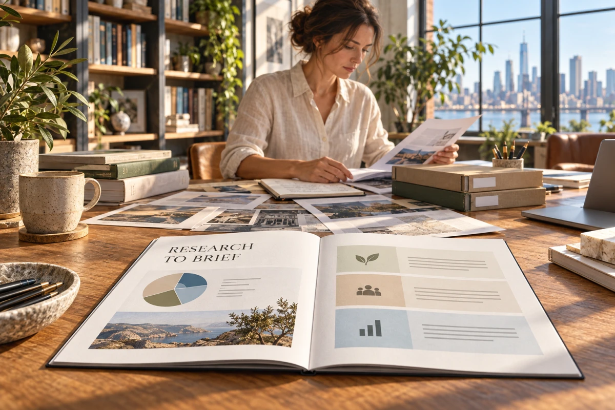 Illustration of a researcher in a sunlit studio cross-referencing source materials and compiling a research brief.